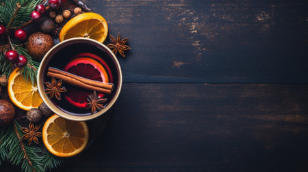 Mulled wine with spices and christmas tree on dark wooden background.の写真素材