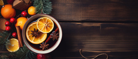 Mulled wine with spices and christmas tree on wooden background.の写真素材