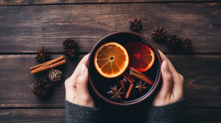 Female hands holding a cup of hot mulled wine with spices on wooden background.