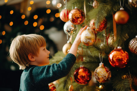 Cute little boy decorating Christmas tree with toys. Merry Christmas and Happy New Year!.の写真素材
