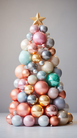 Christmas tree made of colorful baubles on a white background.
