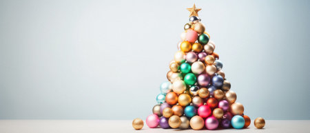 Christmas tree made of multicolored baubles on a white background.
