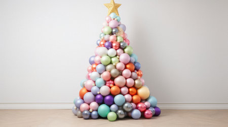 Christmas tree made of multicolored balls on a white wall background.の写真素材