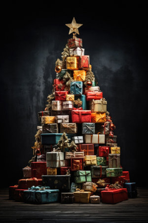 Christmas tree made of gift boxes on dark background. Christmas and New Year concept.の写真素材