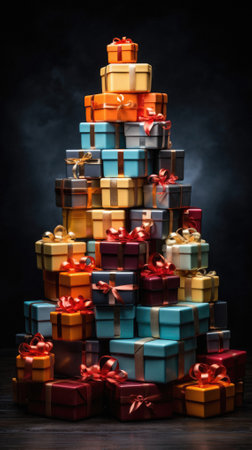 Christmas tree made of gift boxes on dark background. Christmas concept.の写真素材