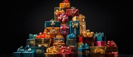 Christmas tree made of colorful gift boxes on black background. New Year concept.の写真素材