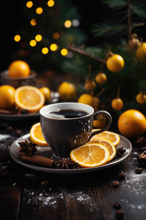 Cup of tea with christmas decorations on dark wooden background.の写真素材