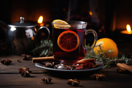 Mulled wine with spices on a wooden background.の写真素材