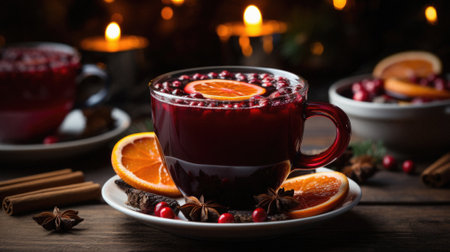 Mulled wine with spices and fruits on a wooden table.の写真素材