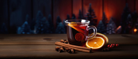 Hot mulled wine with spices on a wooden table in front of a Christmas background.