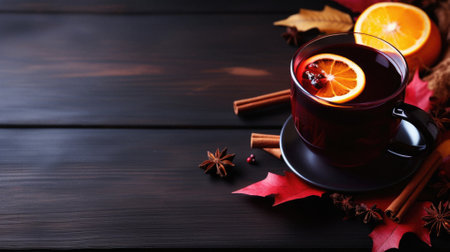 Cup of hot mulled wine with spices on dark wooden background.
