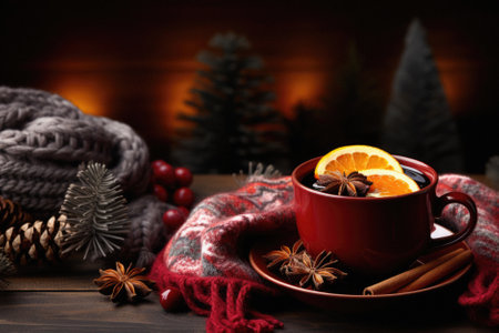 Cup of hot mulled wine with spices on wooden table.