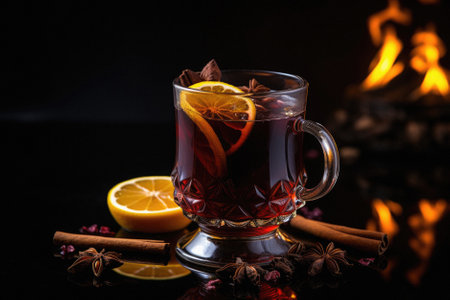 Mulled wine with spices on a black background.の写真素材