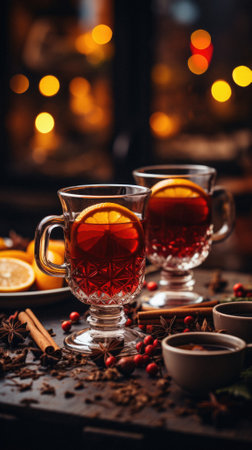 Mulled wine with spices and Christmas lights on background.の写真素材