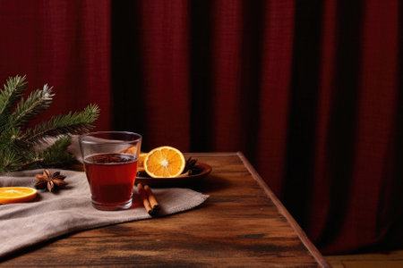 A glass of mulled wine with spices on a wooden table, Christmas background.の写真素材