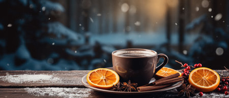 Cup of coffee with spices on wooden table. Winter background.の写真素材