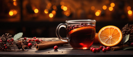 Cup of hot mulled wine on wooden table, closeup.