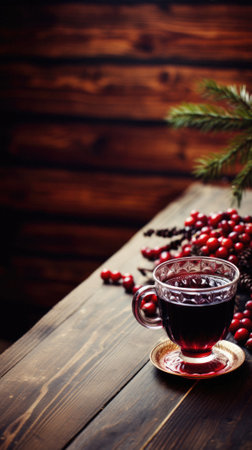 Hot mulled wine in a glass on a wooden background.の写真素材