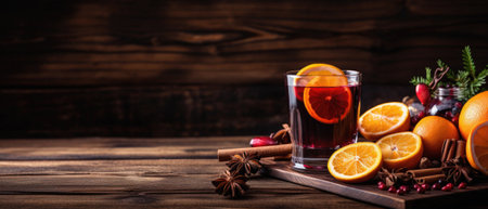 Mulled wine with spices and fruits on a wooden background.の写真素材