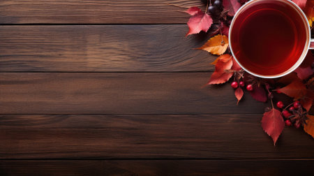 Cup of tea with autumn leaves and berries on wooden background.