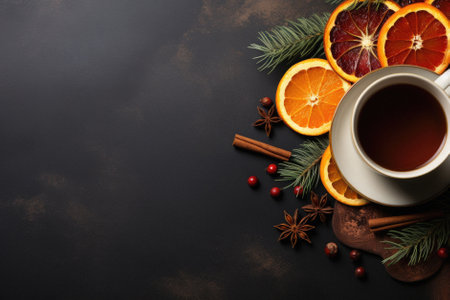 Christmas background with cup of tea, cinnamon, anise and oranges on dark background.の写真素材