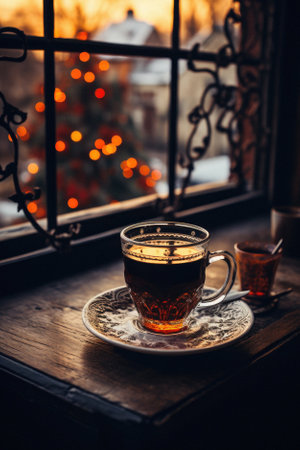 A cup of tea on a wooden table on the background of the window.の写真素材
