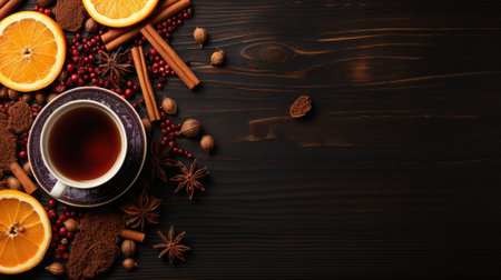 Cup of tea with spices on wooden table. Top view with copy space.の写真素材