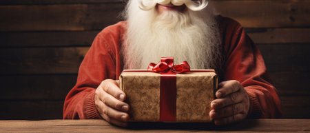 Close-up of santa claus holding gift box against wooden background.の写真素材