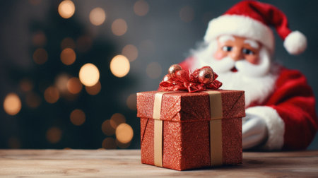 Santa Claus with gift box on wooden table against blurred Christmas lights.の写真素材