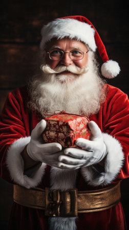 Portrait of Santa Claus holding a gift box over dark background.の写真素材