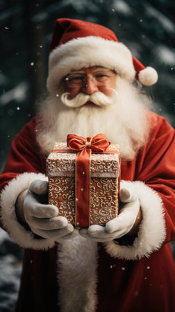 Santa Claus holding a gift box with a red bow in his hands.の写真素材