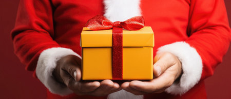 Closeup of Santa Claus hands holding a gift box on red background.