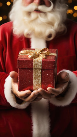 Close-up of Santa Claus holding a gift box in his hands.の写真素材