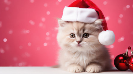 Cute kitten in santa hat with christmas balls on pink background.の写真素材