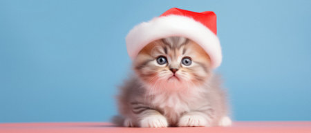 Cute siberian kitten with christmas hat on blue background.の写真素材