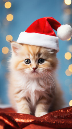 Cute kitten in Santa hat on blue background with bokeh.の写真素材