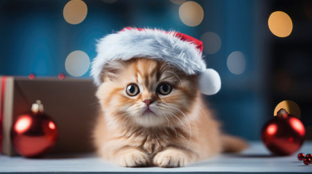 Cute siberian kitten in santa hat on christmas background.の写真素材