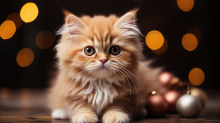 Cute ginger maine coon kitten with christmas balls on bokeh background.の写真素材