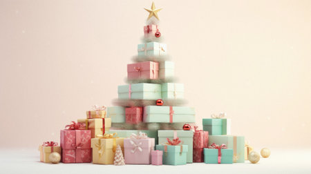 Christmas tree made of gift boxes on pastel background.の写真素材
