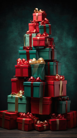 Christmas tree made of gift boxes on dark green background. Holiday concept.の写真素材