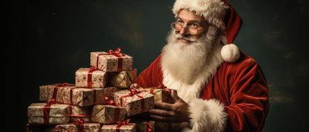 Portrait of santa claus holding pile of gifts on dark background.の写真素材