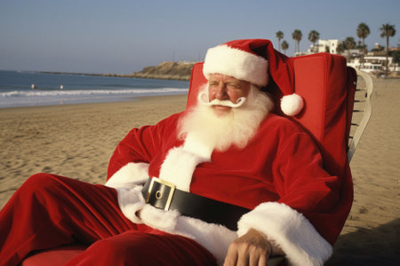 Santa Claus sitting in lounge chair on beach and looking at camera.の写真素材