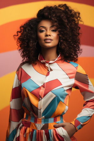 fashion african american woman in colorful clothes posing on colorful background.の素材