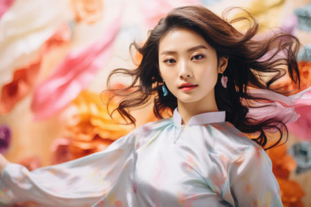 Beautiful asian woman in kimono with flying hair.の素材