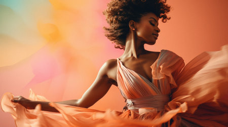 Beautiful african american woman with afro hairstyle and flying fabric.の素材