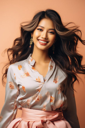 Fashion studio portrait of beautiful Asian woman with dark hair in elegant dress.の素材
