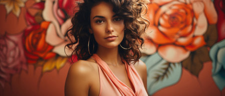 Portrait of beautiful young woman with curly hair on colorful background.の素材
