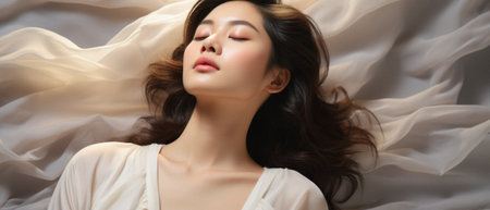 Beautiful asian woman lying on white fabric, closeup portrait.の素材