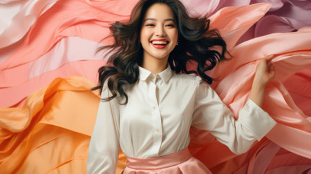 Portrait of a beautiful young Asian woman smiling with flying fabric background.の素材