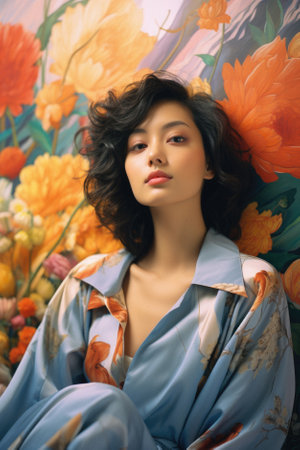 Portrait of a beautiful Asian woman with flowers on wall.の素材